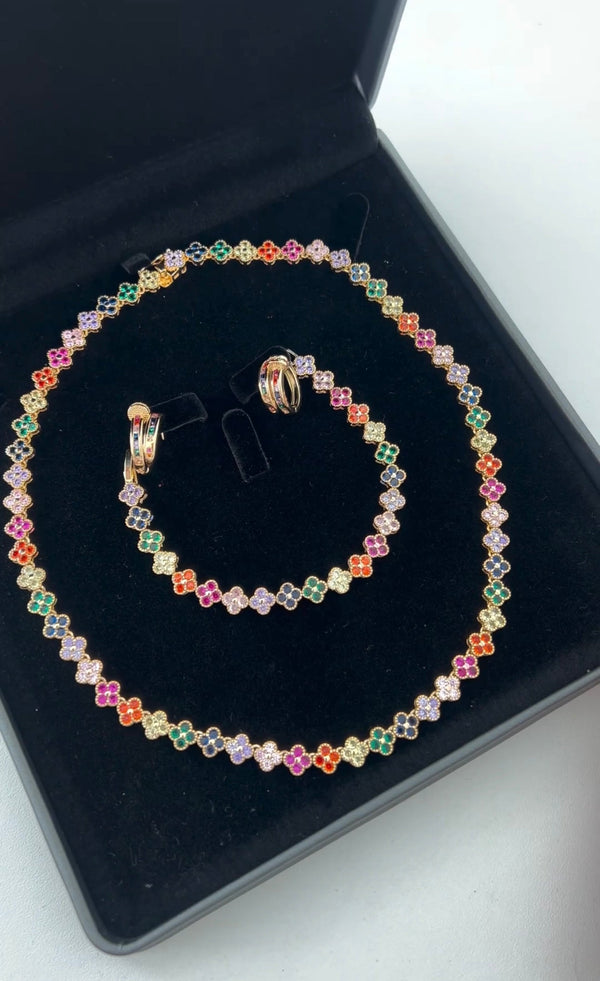 Conjunto Colar e Pulseira de Zircônia Trevo Colorido